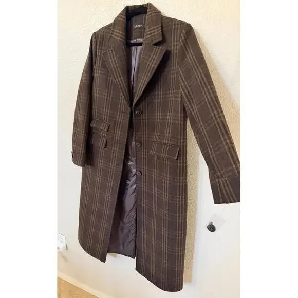 New Lauren Ralph Lauren Longline Plaid Wool Blend Reefer Coat Brown Plaid Sz 12 - Picture 5 of 11